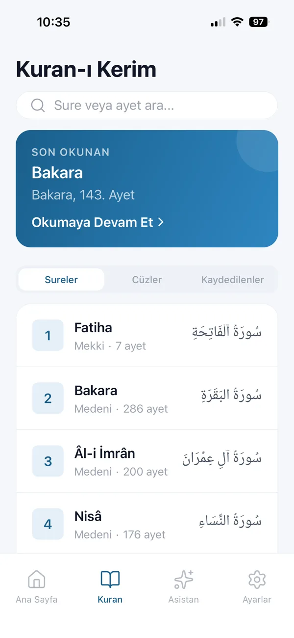 Kuran-ı Kerim ekranı: sureler ve kaldığın yer