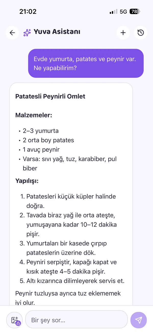 Yuva Asistanı tarif öneriyor