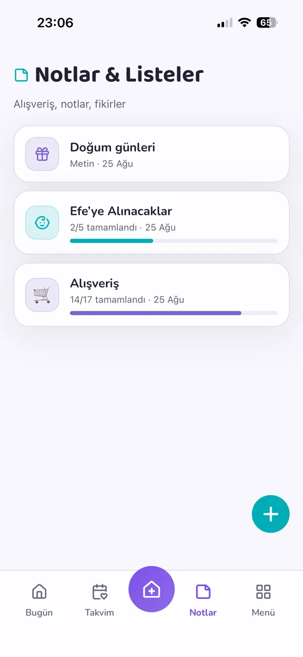 Notlar ve listeler ekranı